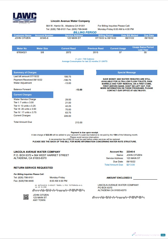 download USA California Lincoln Avenue Water Company utility bill template in Word and PDF format PDF template